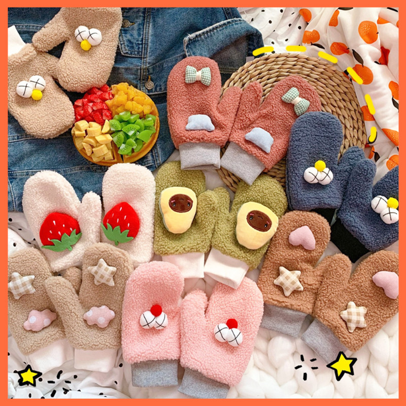 South Korea ins gloves plus thick eyes cartoon cute knit plush warm net red plus suede girl heart gloves