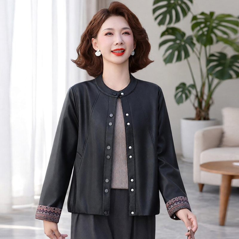 Mom's Autumn Casual Round-Neck Leather Jacket for Middle-Aged Women, Stylish and Fashionable Collarless Short Leather Coat