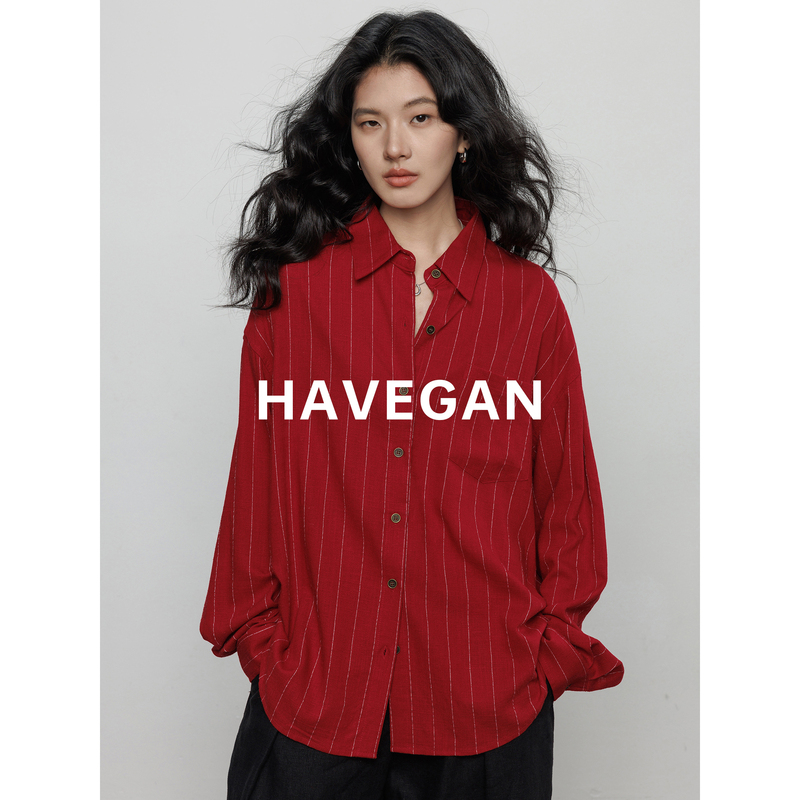 Havegan/Spring Design Striped Long-Sleeve Shirt with Linen for Women 2026 New Old Money Style Top