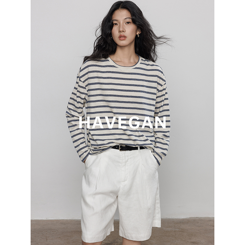 Havegan/Spring Linen Long-Sleeved Stripesd T-Shirt Women's Sun Protection Cover-Up 2026 New Style Lazy Top Havegan/Spring Linen Long-Sleeved Stripesd T-Shirt Women's Sun Protection Cover-Up 2026 New Style Lazy Top