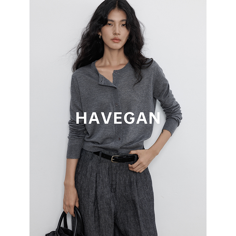 Havegan/Spring Round-Neck Long-Sleeve Knit Cardigan for Women, Thin Style, Loose and Casual, Old Money Style Top
