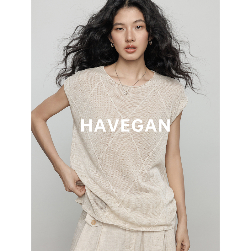 Havegan/Summer Round-Neck Tencel Linen Relaxed Knit Vest for Women, Drop-Shoulder Old Money Style Top