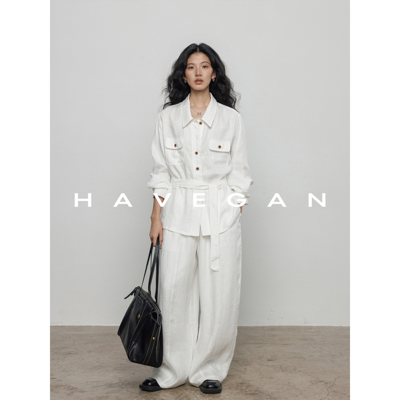 Havegan/Autumn Workwear Long-Sleeve 100% Linen Shirt for Women, Old Money Style, Relaxed Design Top
