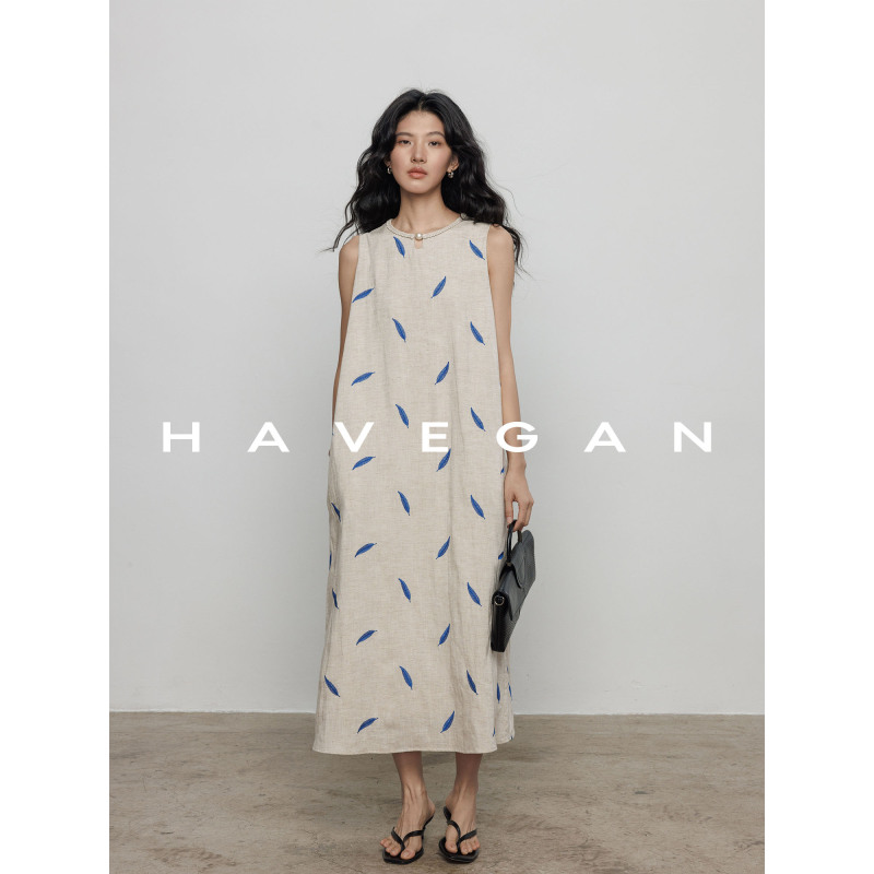 Havegan/Summer Round-Neck Sleeveless Embroidered Vest Dress for Women, Old Money Style, Relaxed Vacation Long Dress Havegan/Summer Round-Neck Sleeveless Embroidered Vest Dress for Women, Old Money Style, Relaxed Vacation Long Dress
