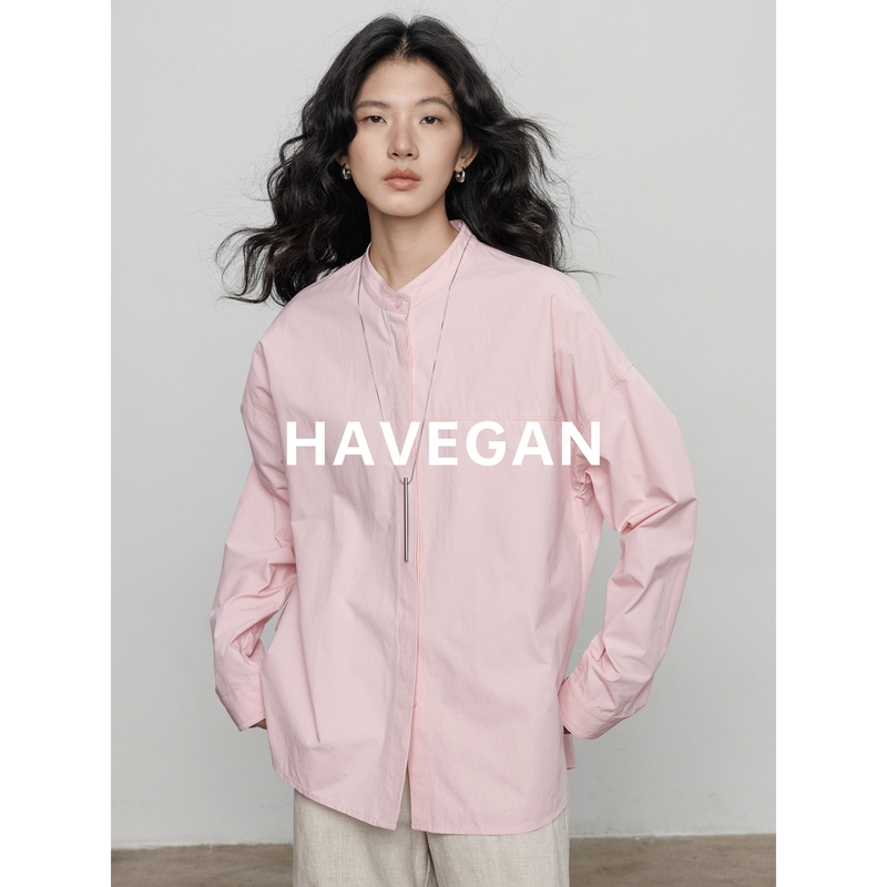 Havegan/Autumn Pink Stand-Up Collar Long-Sleeved Shirt for Women, High-End Workwear Style, 2026 New Casual Top Havegan/Autumn Pink Stand-Up Collar Long-Sleeved Shirt for Women, High-End Workwear Style, 2026 New Casual Top