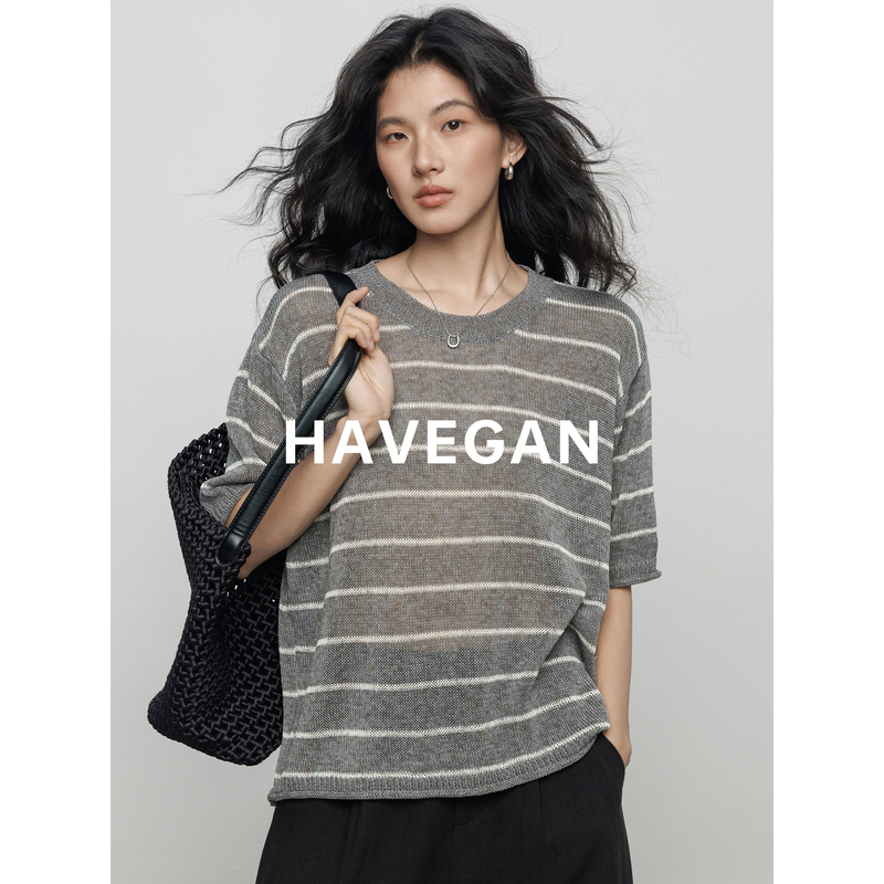 Havegan/Summer Round-Neck Striped Knit Short-Sleeve T-Shirt for Women, Old Money Style, Relaxed and Casual Top