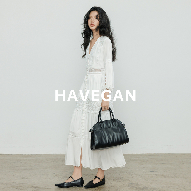 Havegan/French-Style V-Neck Dress for Women, Spring 2026 New Lace Patchwork A-Line Tea Break Long Dress