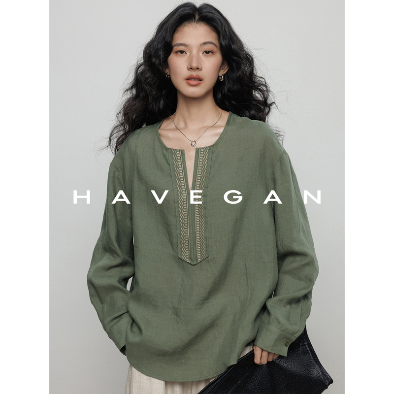 Havegan/Autumn Long-Sleeve V-Neck Design 100% Ramie Shirt for Women, Old Money Style, Relaxed Casual Top Havegan/Autumn Long-Sleeve V-Neck Design 100% Ramie Shirt for Women, Old Money Style, Relaxed Casual Top