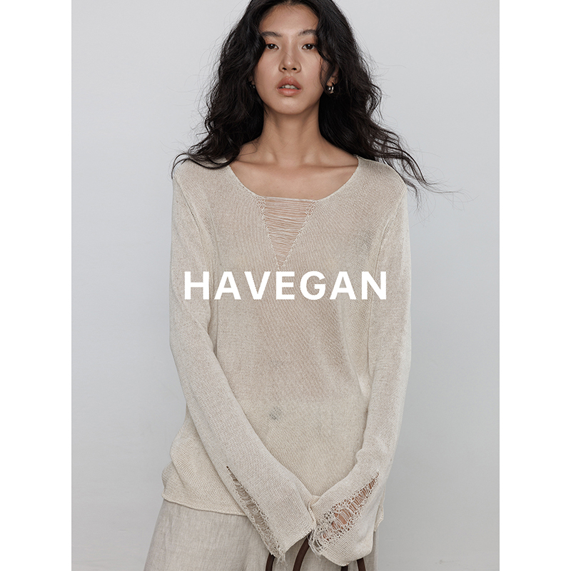 Havegan/Spring V-Neck Tencel Linen Long-Sleeve Designer Knit Sweater for Women, Loose Old Money Style Top