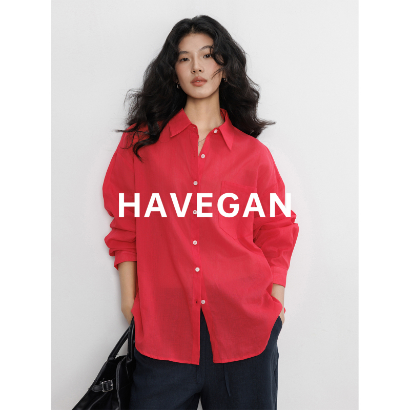 Havegan/Red Spring Sun Protection Shirt for Women 2026 New Style Lazy Chic Ramie Casual Top
