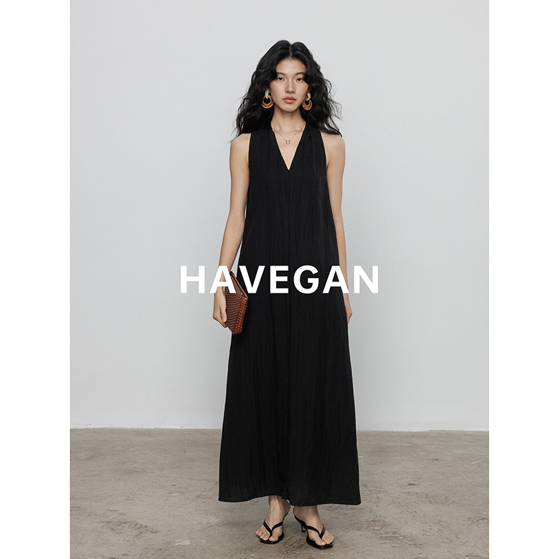 Havegan/Summer V-Neck Tencel Linen Black Loose Vest Dress for Women, Relaxed Style Long Dress Havegan/Summer V-Neck Tencel Linen Black Loose Vest Dress for Women, Relaxed Style Long Dress