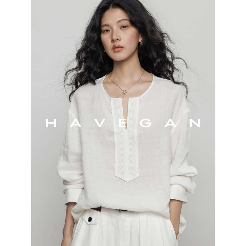 Havegan/Autumn Design-Inspired V-Neck Long-Sleeve 100% Ramie Shirt for Women, Old Money Style, Relaxed Casual Top Havegan/Autumn Design-Inspired V-Neck Long-Sleeve 100% Ramie Shirt for Women, Old Money Style, Relaxed Casual Top