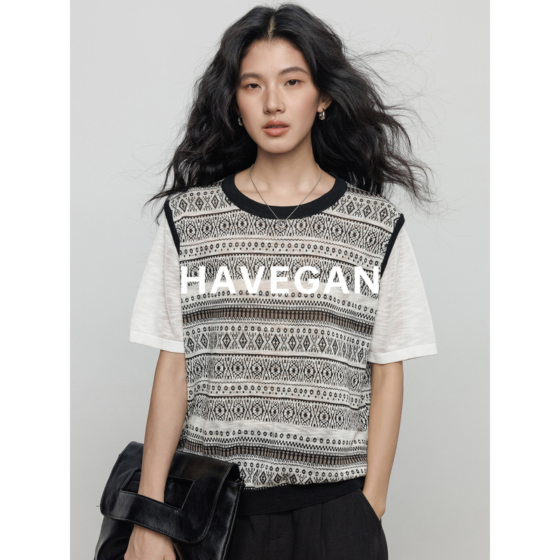 Havegan/Summer Design-Inspired Knitwear with Bamboo Linen Patchwork, Old Money Style, Relaxed Thin Vacation Top