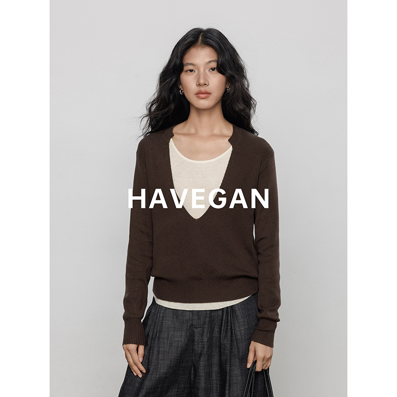 Havegan/Spring Long-Sleeve Wool Knit Two-Piece Base Shirt for Women, Loose Old Money Style Elegant Top Havegan/Spring Long-Sleeve Wool Knit Two-Piece Base Shirt for Women, Loose Old Money Style Elegant Top