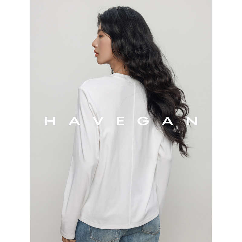 Havegan/Autumn Basic Lyocell Long-Sleeve Base T-Shirt for Women, White High-End Versatile Top