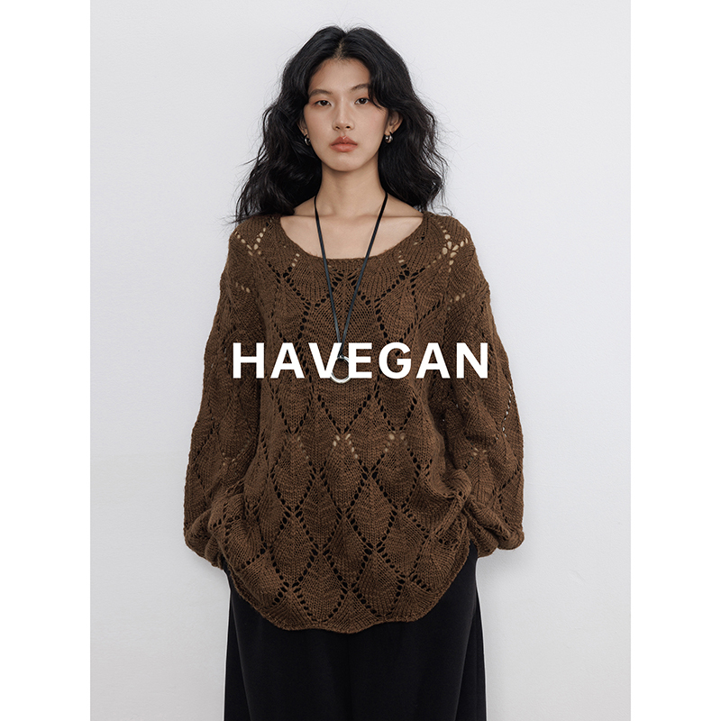 Havegan/Winter Round-Neck Design Knit Sweater for Women, Wool Hollow-Out Sweater, Lazy Loose Top