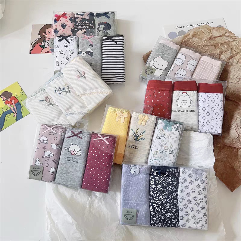 Spanish O Brand Export Multi-Color Women's Cotton Underwear Low-Waist Shorts Cute Ladies Boxed Briefs 3-Pack