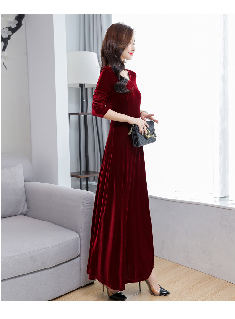 Mùa thu đông mới nhung vàng đầm nữ dài tay cổ tròn Slim dài thời trang khí chất nữ dạ hội váy dài váy dài đẹp