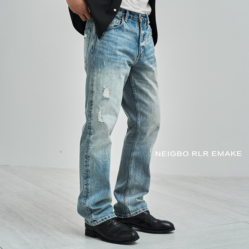 【501】Cleanfit Minimalist Jeans Light Blue Distressed Straight Leg 13.5 oz Heavyweight Casual Pants 【501】Cleanfit Minimalist Jeans Light Blue Distressed Straight Leg 13.5 oz Heavyweight Casual Pants