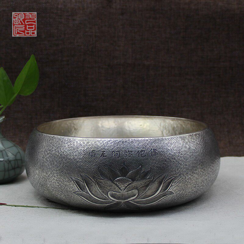 1st grade silversmith foot silver bowl 999 sterling silver handmade antique lotus Amitabha figure tea maker tea wash big soup bowl