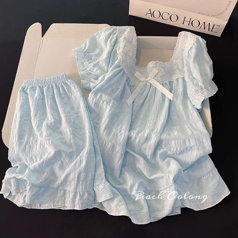 Lace Pajamas for Women, New Summer Japanese Style Blue Short-Sleeved Shorts, Pure Cotton Bow Tie, Sweet Home Wear Set Lace Pajamas for Women, New Summer Japanese Style Blue Short-Sleeved Shorts, Pure Cotton Bow Tie, Sweet Home Wear Set