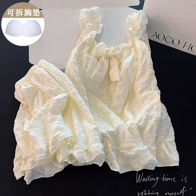 Sweet Apricot Lace Pajamas for Women, Summer Pure Cotton with Chest Pads, Spaghetti Straps, Sexy, Petite, Simple, Loose-Fitting Loungewear Sweet Apricot Lace Pajamas for Women, Summer Pure Cotton with Chest Pads, Spaghetti Straps, Sexy, Petite, Simple, Loose-Fitting Loungewear