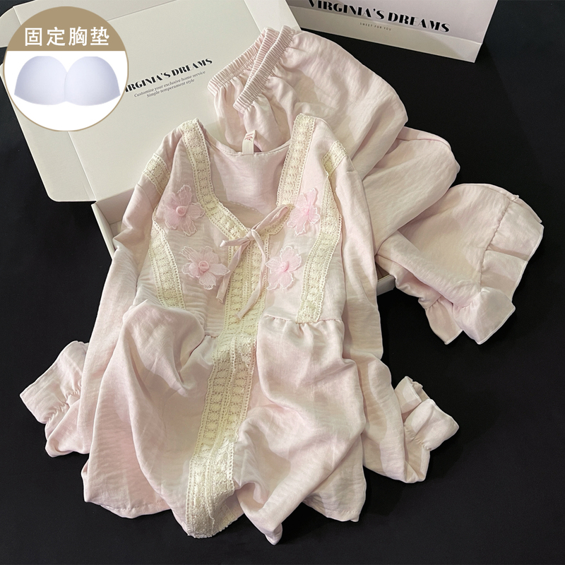 Women's Pajamas with Breast Pads, Autum Pink Pure Cotton Long-Sleeved Pants, Sweet Bow Double-Layer Gauze Home Wear Set
