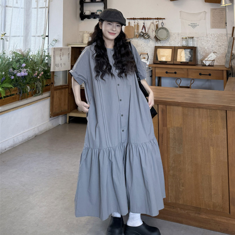 Plus Size Women's Clothing, Summer Korean Style Loose Slimming Japanese Retro Commuter Style Long Gray Short-Sleeved Dress
