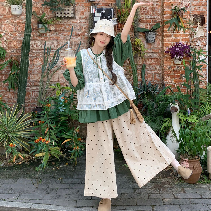 Plus Size Women's Clothing, Summer Korean Style Loose Slimming Japanese Sweet Shirt + Vest + Polka Dot Wide-Leg Pants Three-Piece Set