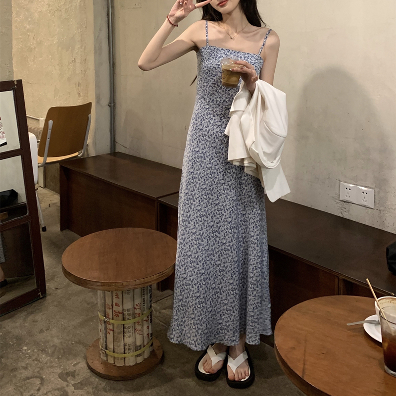 Floral Chiffon Dress for Women, Petite Summer Blue Vacation A-Line Slim-Fit Waist-Cinching Spaghetti Strap Long Dress