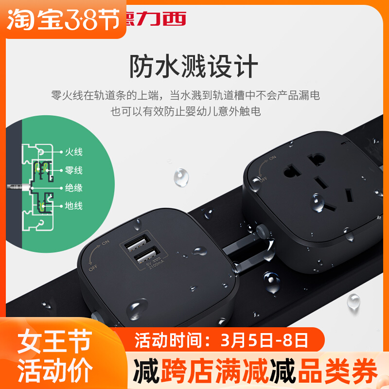 Draissey Orbital Socket Module Home Waterproof Splash Wall-mounted Slide Rail Type 2USB glass panel insert platoon plug in