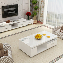 Modern minimalist TV cabinet black and white baking lacquered retractable TV cabinet Tea Table Combined Living Room Tempered Glass 