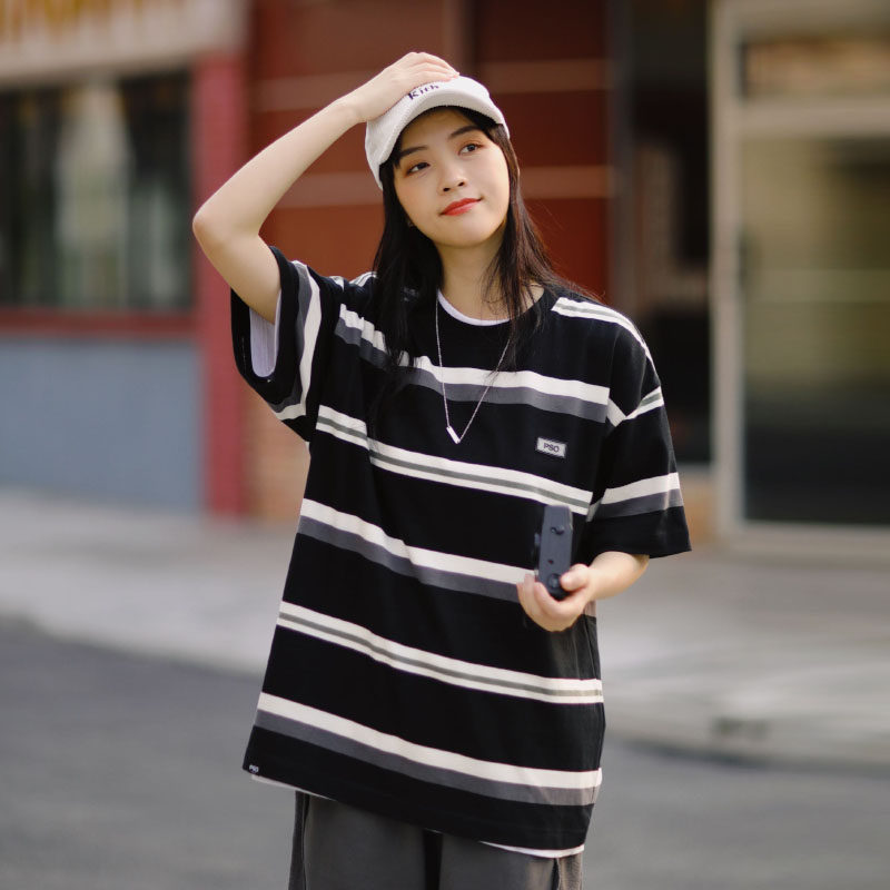PSO Brand Japanese retro trendy brand male and female couples loose all-match casual cotton striped short-sleeved T-shirt