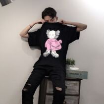 MQVJ Dissolved Bear Printed Hip Hop Street Dance Tide Card cartonin Man Couple short sleeve Men and women loose 100 lap T-shirt