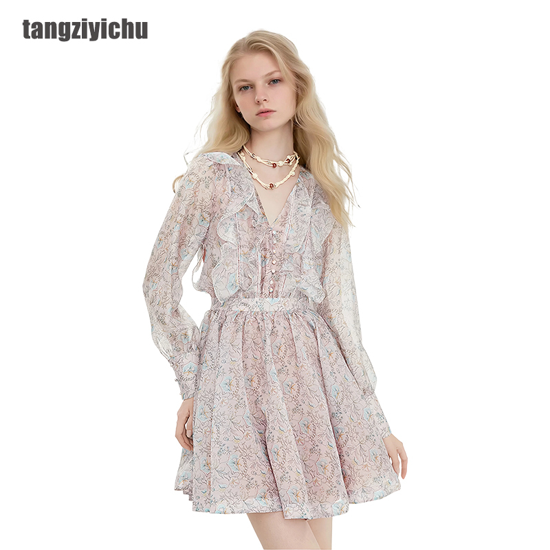 Tangzi Wardrobe 2025 Summer New V-Neck Ruffled Waist-Cinching Long Sleeve Hollow Lace Fairy Print Dress