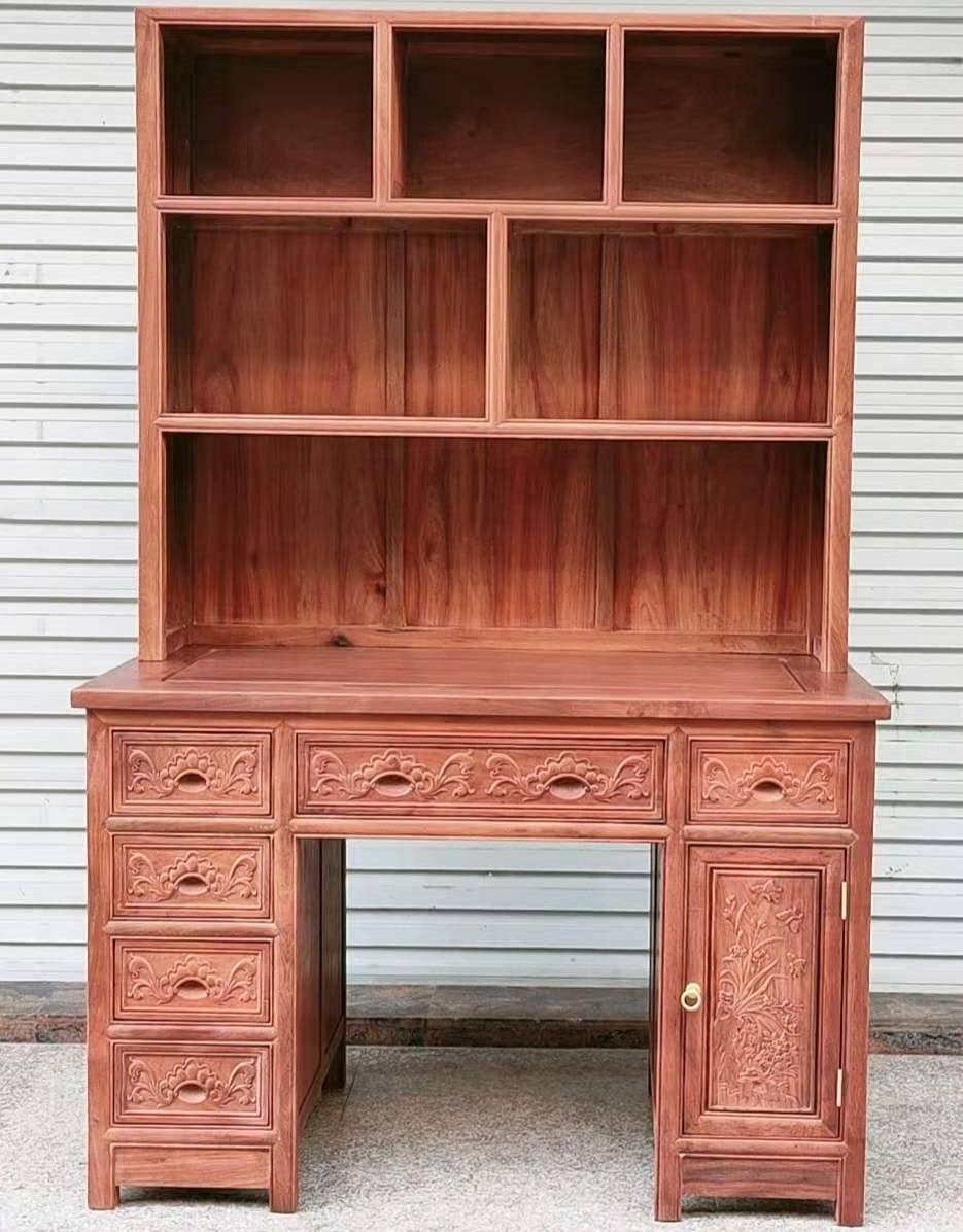 Myanmar flower pear desk bookcase integrates simple desk student desk red wood furniture big fruit purple sandalwood