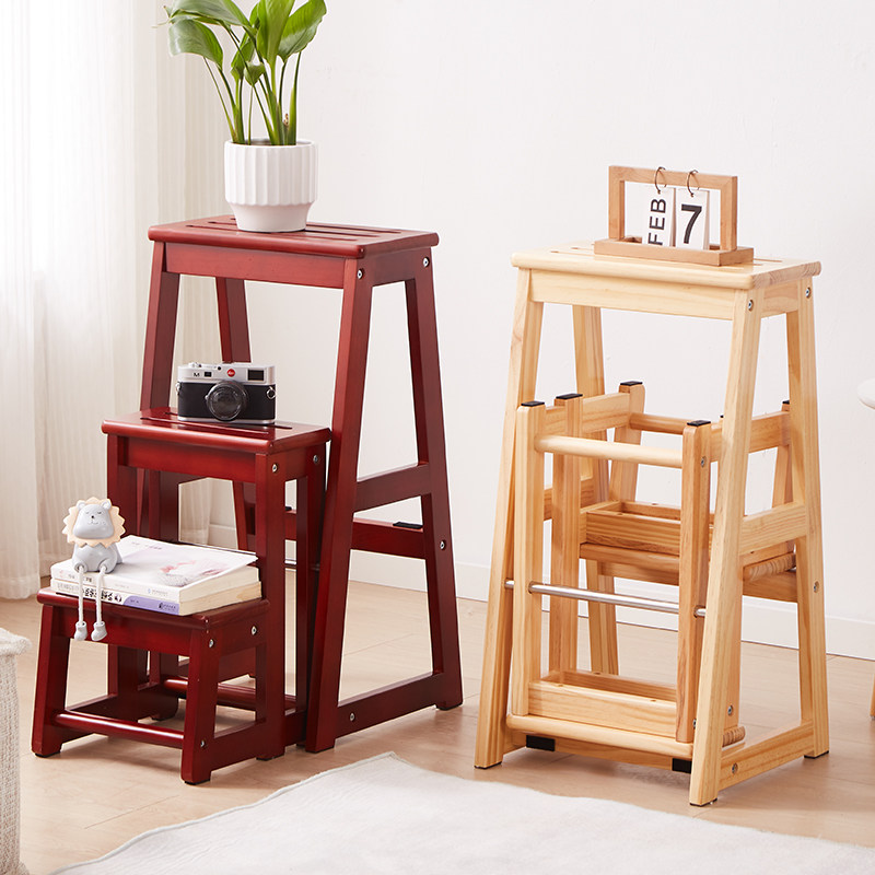 Solid wood step stool home folding stool three-step ladder stool step stool indoor shoe changing stool climbing high stool space-saving high stool