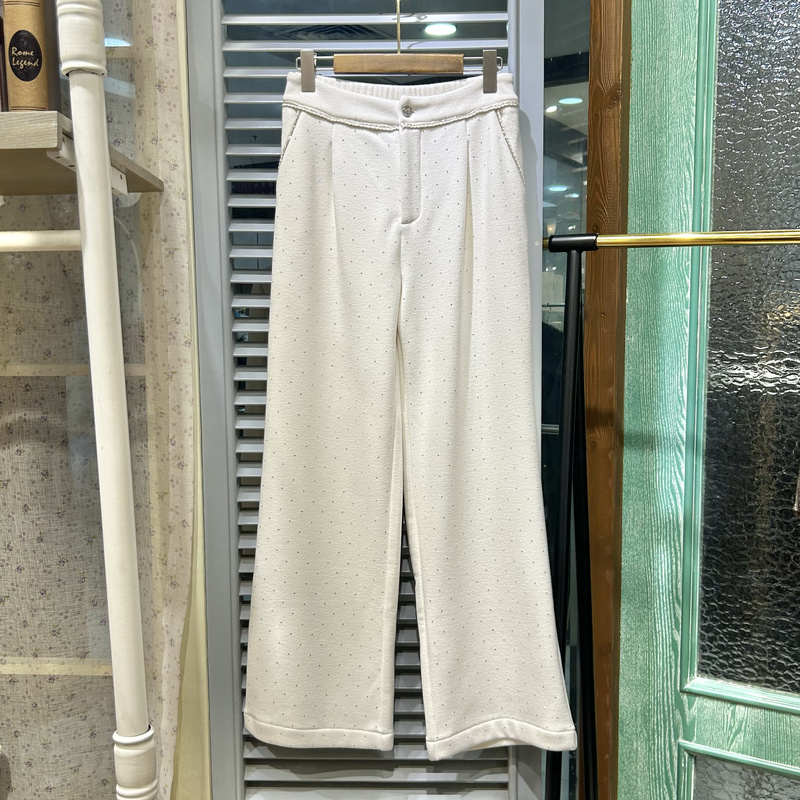 W1996_89768 Fashionable and Versatile Rhinestone-Studded Fleece-Lined Thick High-Waisted Wide-Leg Straight Pants Winter New