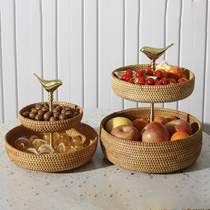 Retro double-layer fruit plate Household living room light luxury brass multi-layer candy plate Nordic ins handmade rattan snack basket