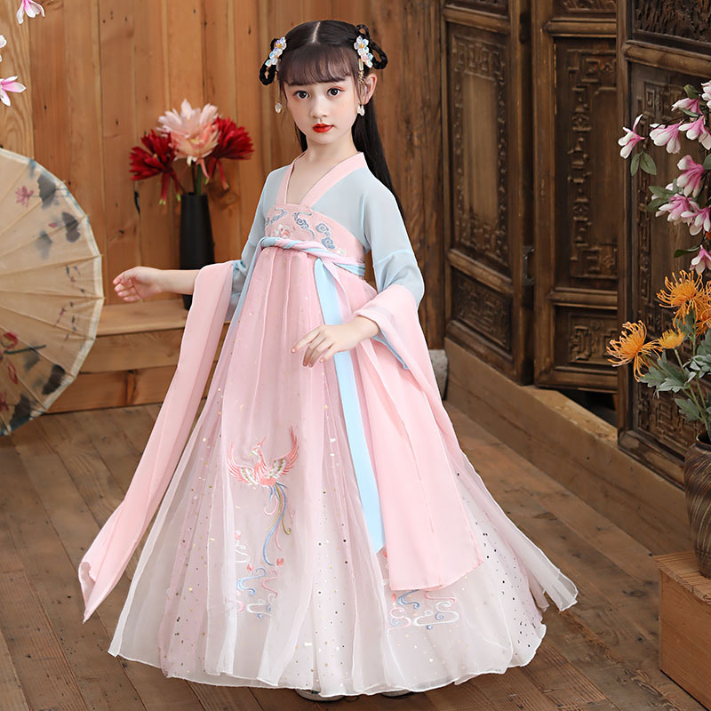 (The girl's hanfu) Spring-autumn ultra-fairy-coughed children Chinese Wind Down dress Skirt Girl Snow-spinning Ocean Dress summer clothes