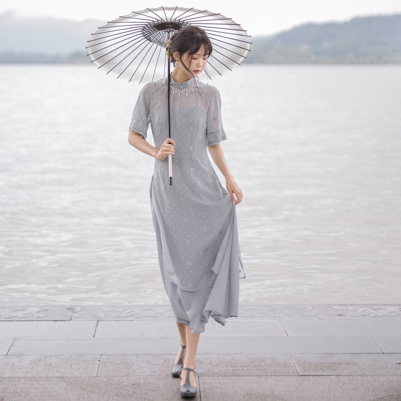 Kaudai Time: To the smoke and rain of Guofeng Citigroup Dress Wave Point Improved Two Long Dress