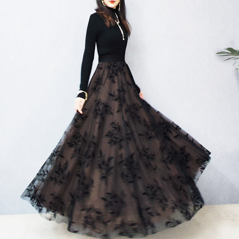 New 540 Large-Flared Printed Long Skirt, High-Waisted and Slimming, Fashionable Mesh Skirt, Patchwork Skirt, Available in Multiple Colors