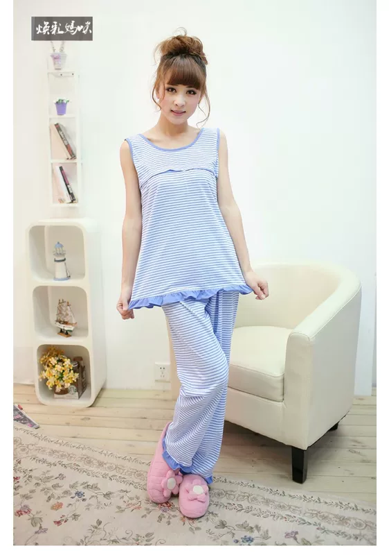 Thông thoáng Huancai Mommy Maternity Pyjamas Pure Cotton Spring and Summer Thin Confinement Mang Gạc ở nhà Đồ ngủ cho con bú - Giải trí mặc / Mum mặc