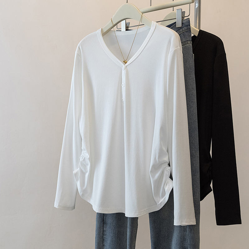 White V-Neck Long-Sleeve T-Shirt for Women, 2026 Early Autumn New Style, Plus-Size Slimming Waist-Cinching Base Shirt Top