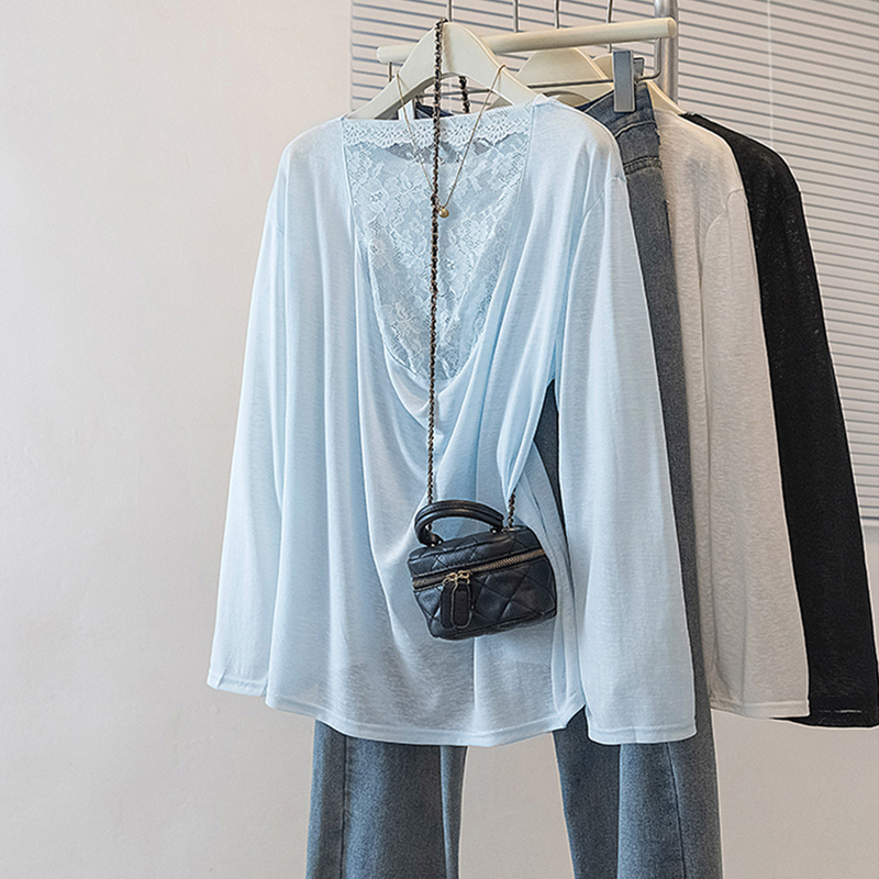 Designed with a Lace Back Panel, Long-Sleeve Sun-Protective T-Shirt for Women, Summer Plus-Size Loose Thin Cover-Up Top