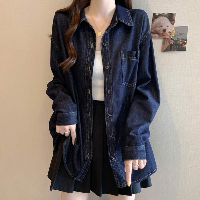 Hong Kong Style Retro Dark Blue Shoulder-Length Denim Shirt Jacket for Women, Spring and Autumn, Plus Size, Loose Mid-Length Top