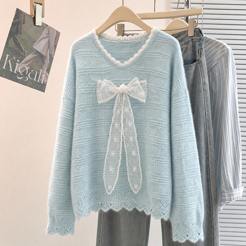 Blue Lace Bow V-Neck Knit Sweater for Women, Autumn and Winter, Plus Size, Lazy Style, High-End Feel, Super Stylish Sweater Blue Lace Bow V-Neck Knit Sweater for Women, Autumn and Winter, Plus Size, Lazy Style, High-End Feel, Super Stylish Sweater