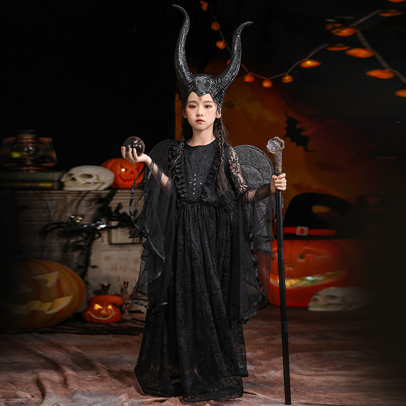 ハロウィンの子供用コスチューム、コスプレ、眠れる森の美女の魔女、幼稚園の発表会用コスチューム、小さな女の子の魔女の衣装