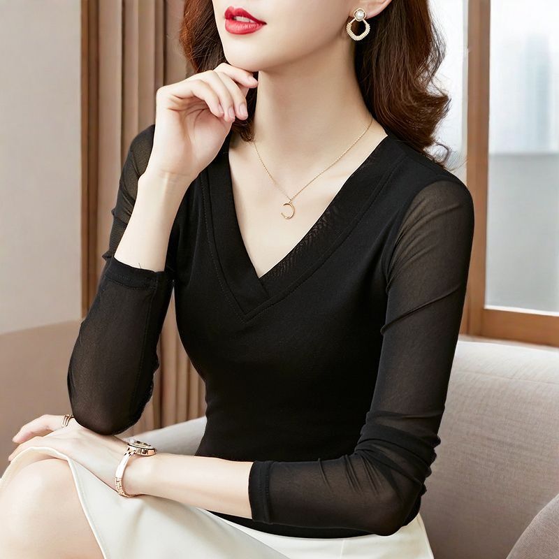 High-End V-Neck Mesh Long-Sleeve T-Shirt for Women, 2026 Autumn New Thin Lace Top, Black Lightweight Blouse