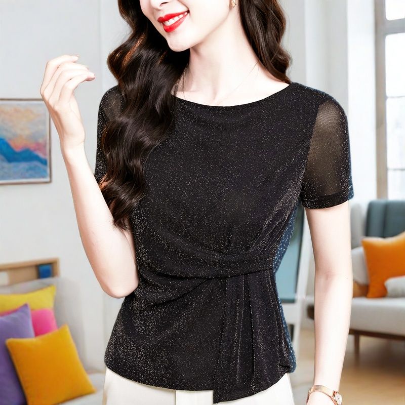 Shiny Mesh Short-Sleeve T-Shirt for Women, Summer 2026 New Style, Lace Base Layer Shirt, Half-Sleeve Top